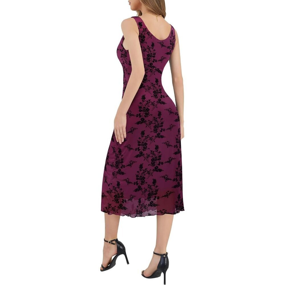 Women's Magenta V Neck Sleeveless Mesh Maxi Dress Casual Elegant Long Floral - Picture 2 of 5